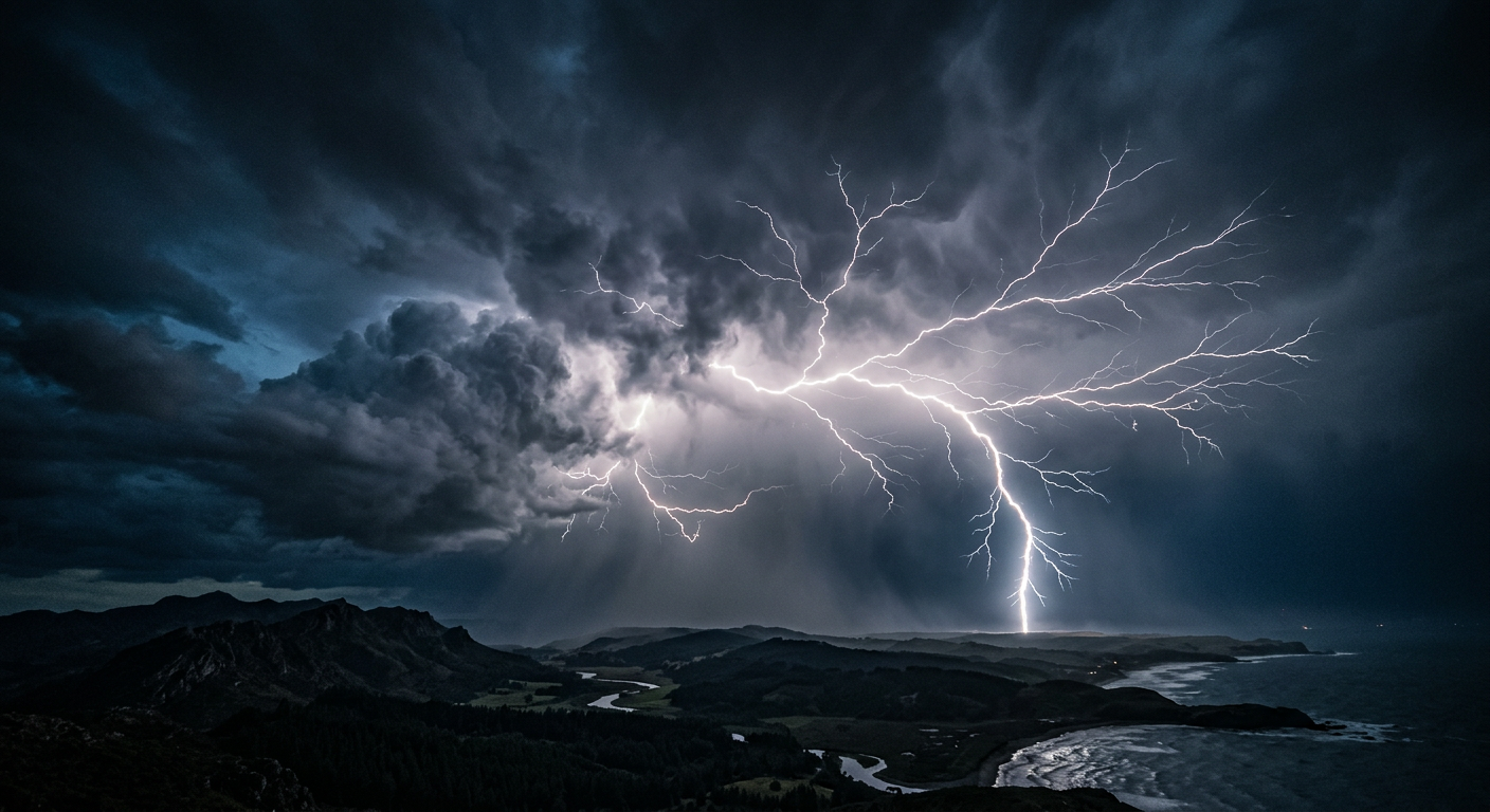 Bright lightning bolt branching across a dark storm sky, illustrating the intensity of a thunderstorm