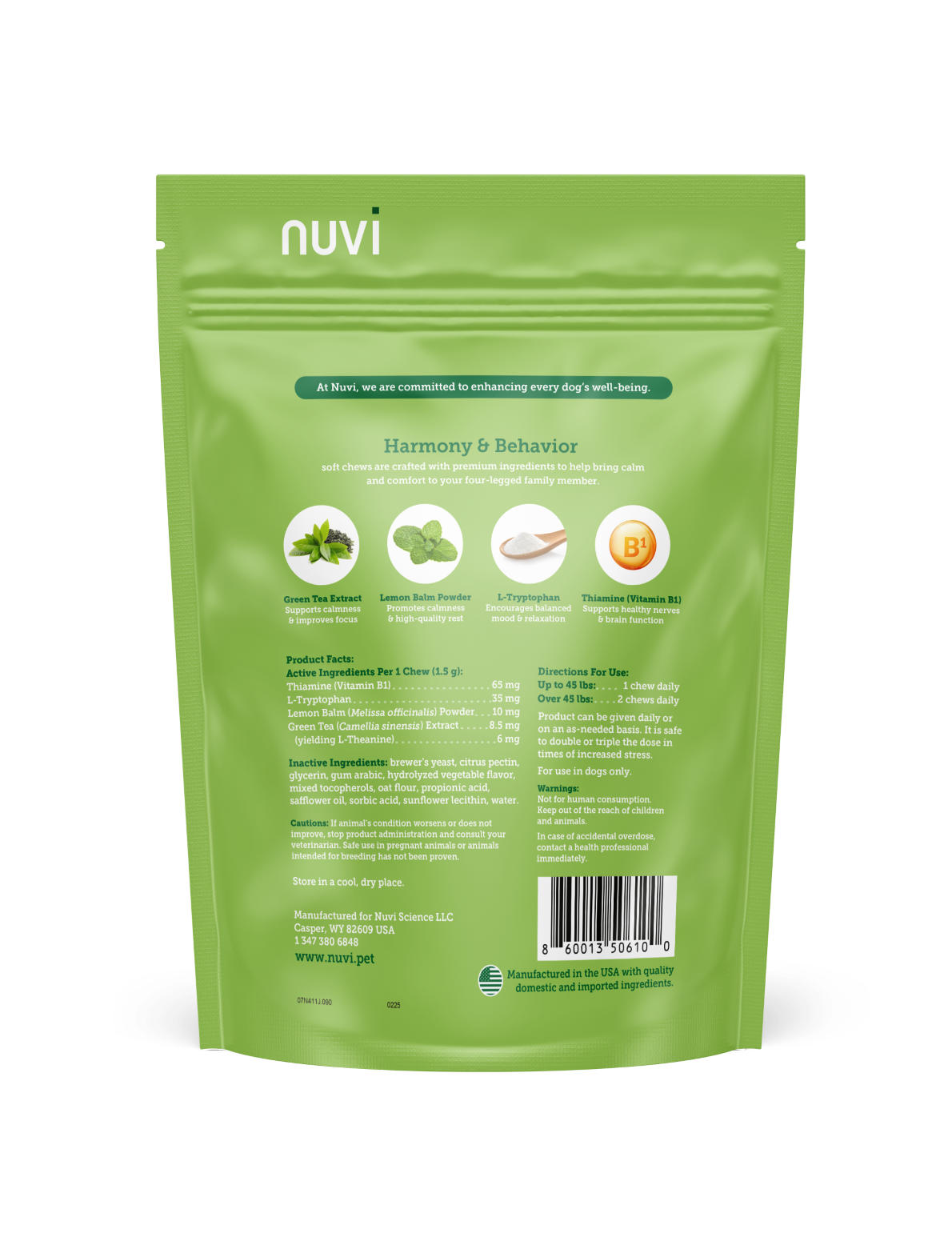 Nuvi Harmony & Behavior Soft Chews back pouch with ingredients and directions
