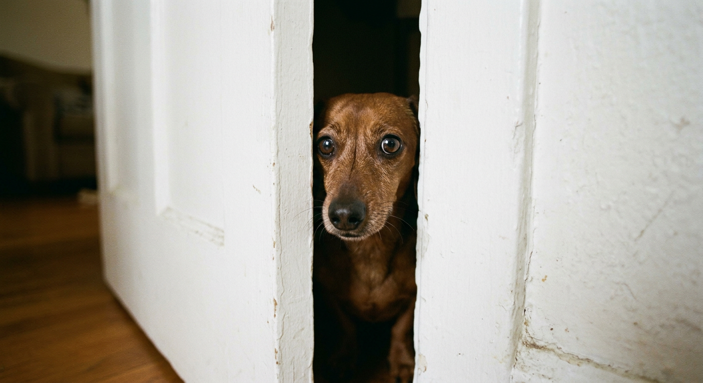 A brown dachshund cautiously peering through a gap between white walls with wide, worried eyes
